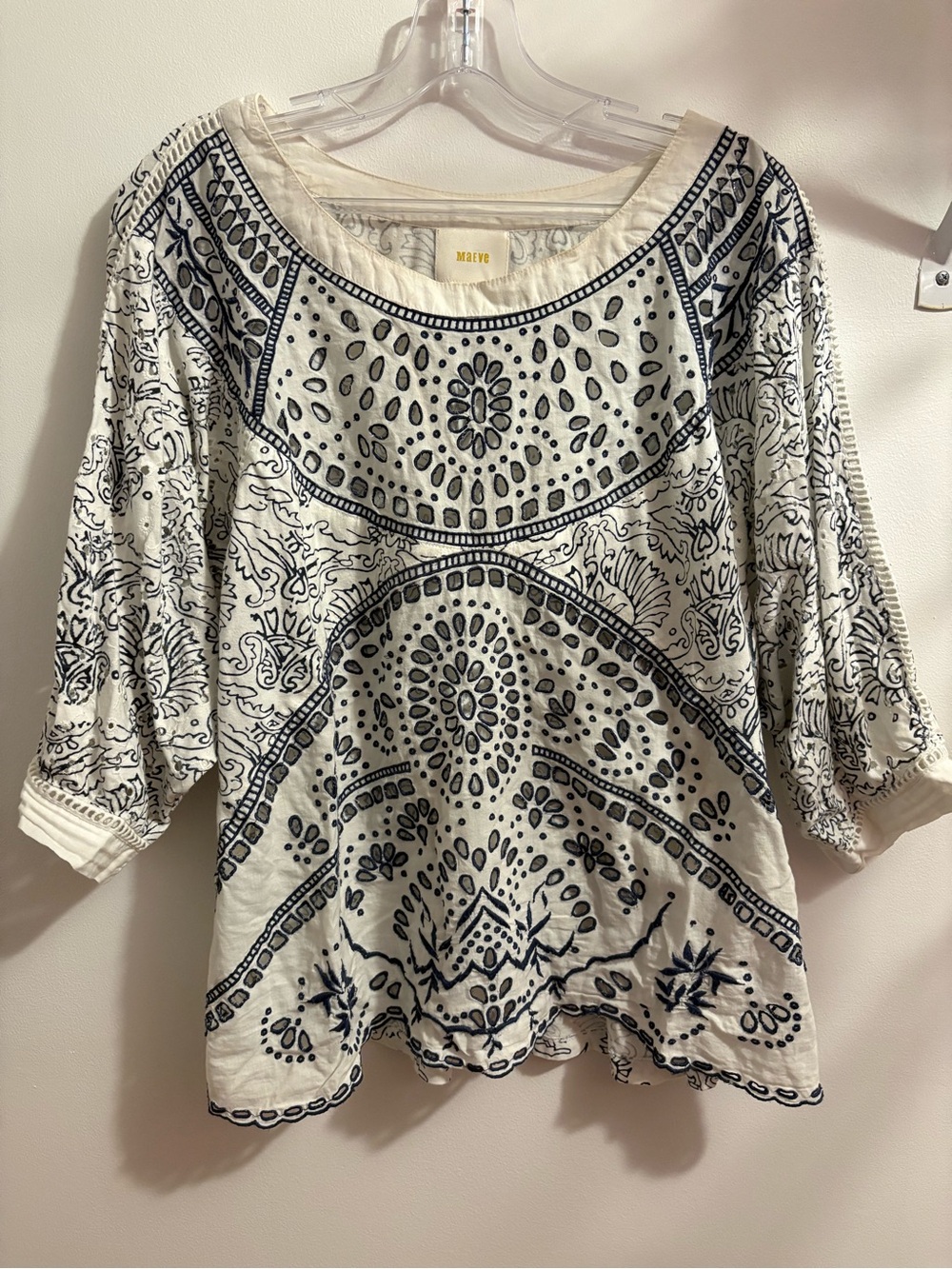 Maeve Cream and Navy Printed Scoop-Neck Tunic Top